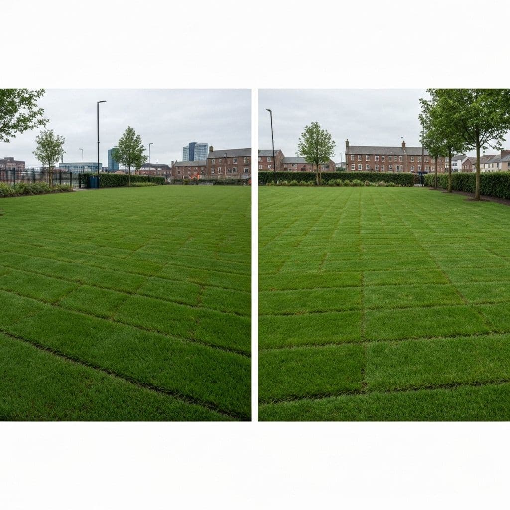 Completed turfing project showing beautiful lush green lawn