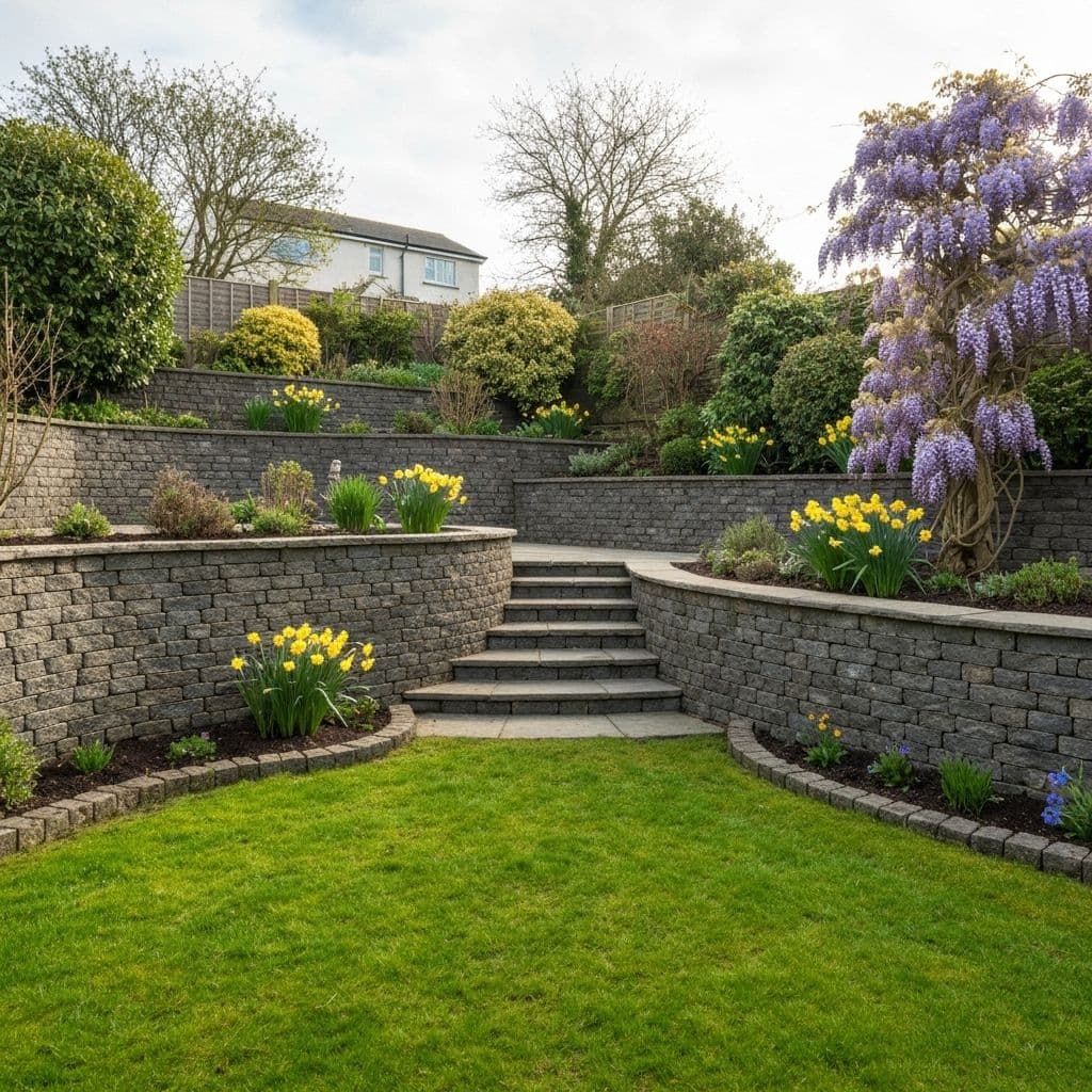 Completed retaining wall project showing terraced garden