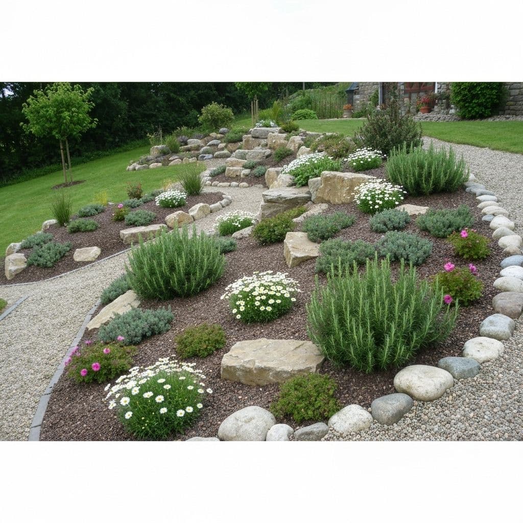 Completed rockery landscaping project in Belfast showing stunning alpine garden transformation