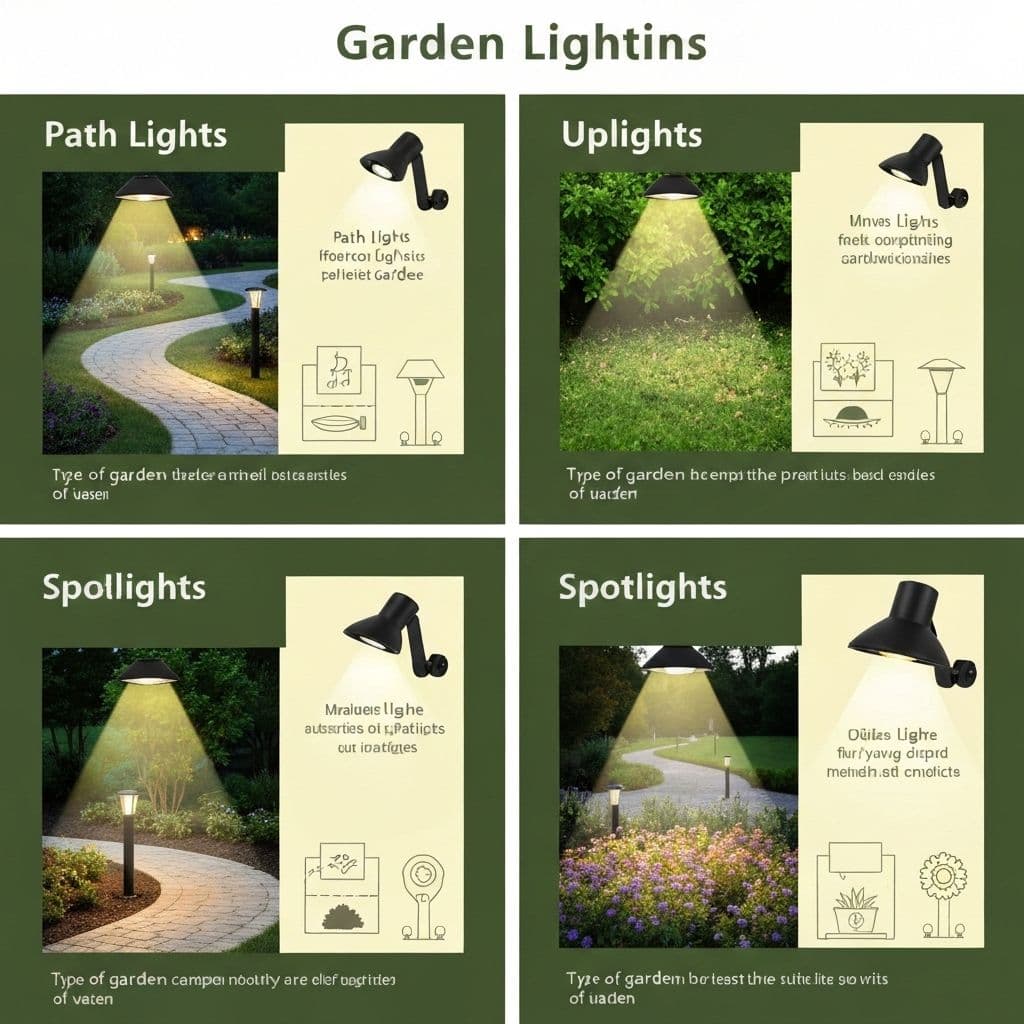 Different types of garden lighting installations