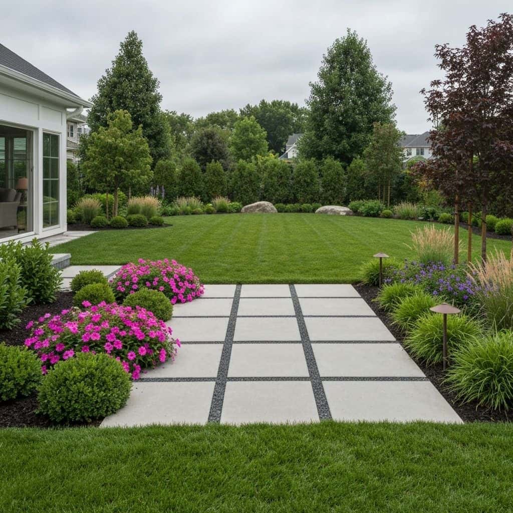 Beautiful landscaped garden with modern patio