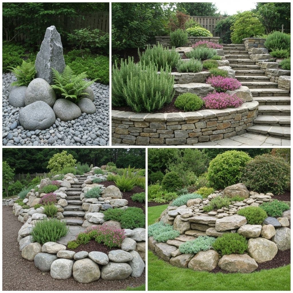Various rockery landscaping styles in Belfast with alpine plants and stone arrangements