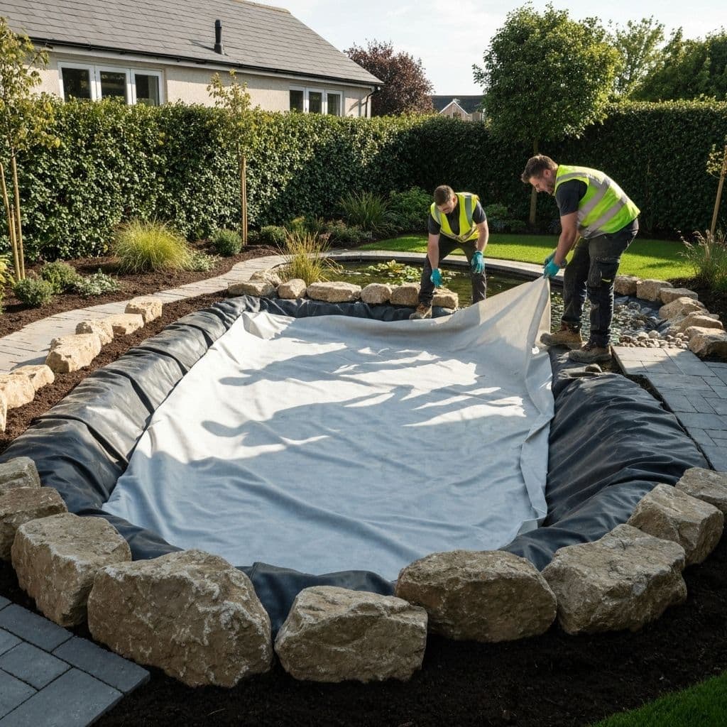 Professional water feature installation in progress